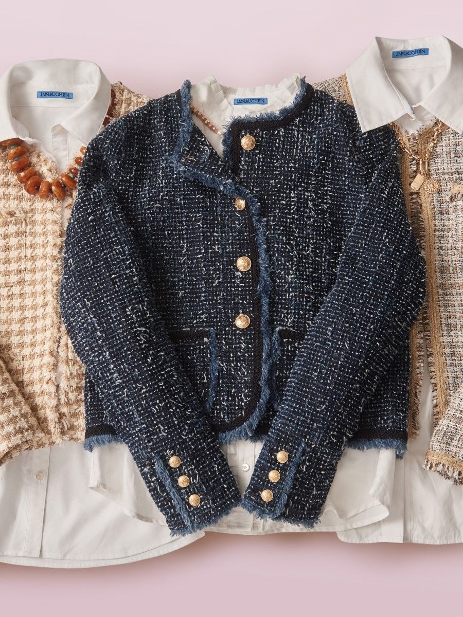 group of womens tweed tailored jackets with white shirts underneath on light pink seamless background