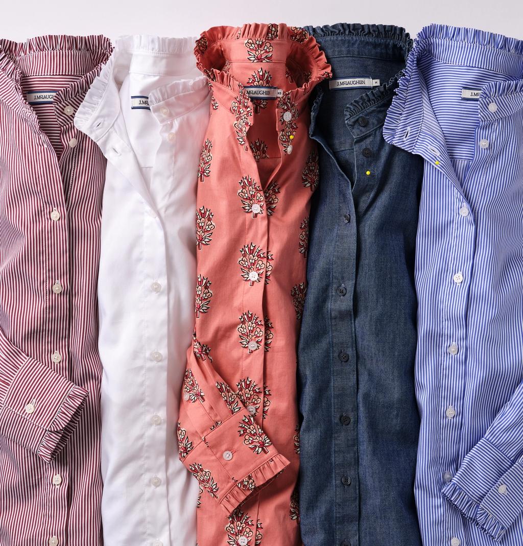 Five ruffled long-sleeve shirts: red stripe, white, coral floral, denim, and blue stripe.