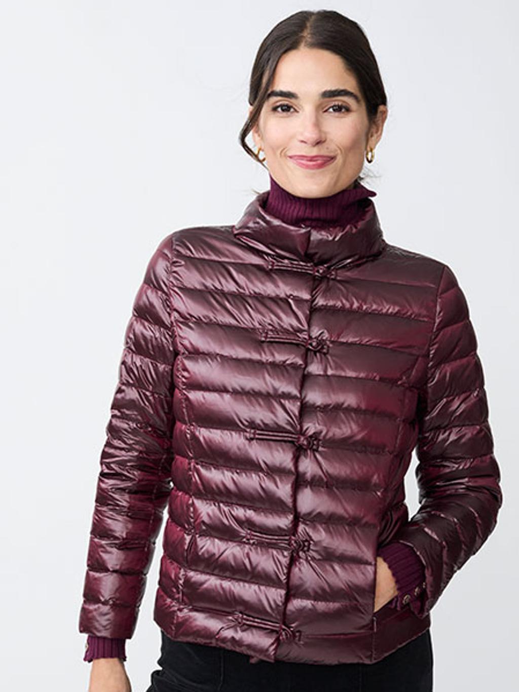 Model wearing puffer jacket and turtleneck Model wearing puffer jacket and turtleneck