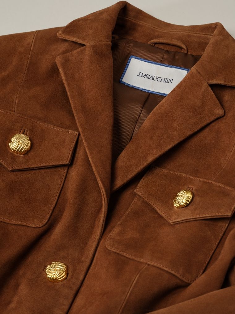 Brown suede jacket with gold woven buttons and a J.MCLAUGHLIN label.