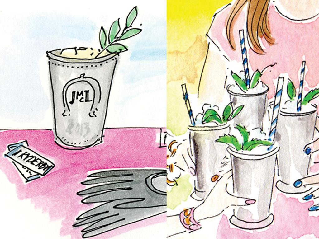 Illustration of four women cheersing with mint juleps