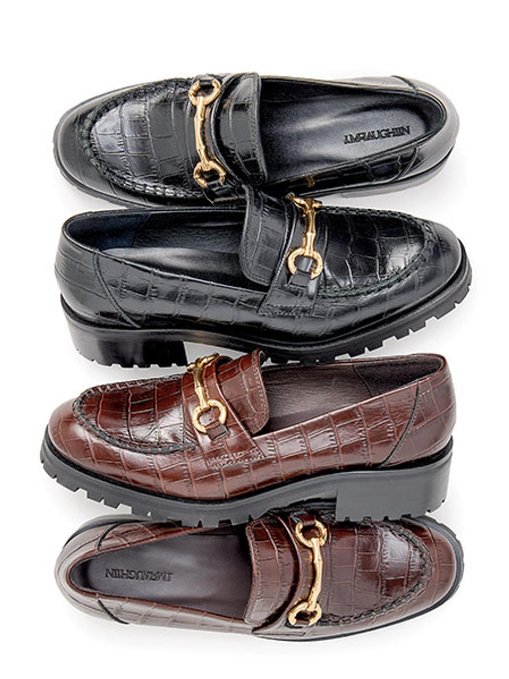 One black and one brown pair of loafers with croc-embossed leather an goldtone bit hardware.
