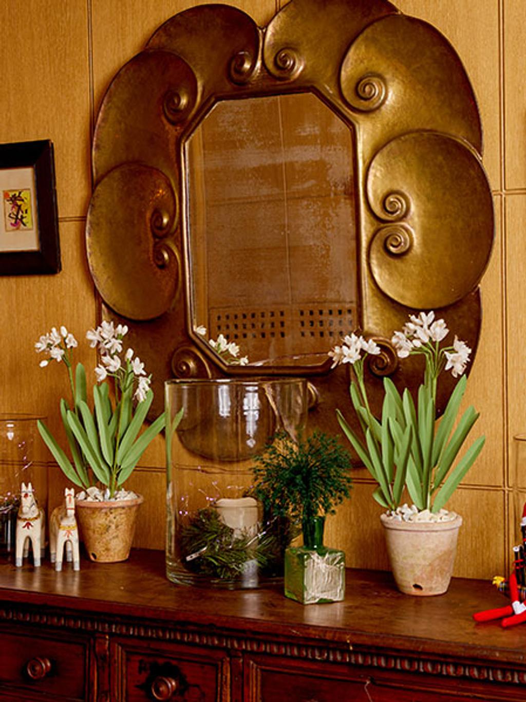 Hallway with mirror, flowers, and Elf on a Shelf Hallway with mirror, flowers, and Elf on a Shelf