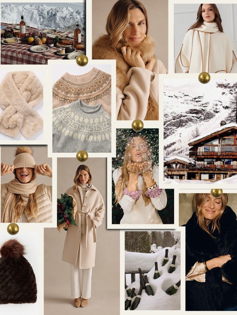 mood board of chalet chic, apres ski womens clothing and scenic shots