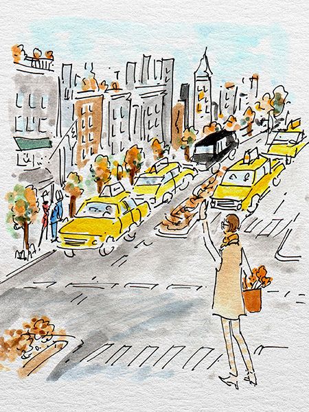Illustration of a woman on a NYC street trying to hail a cab.