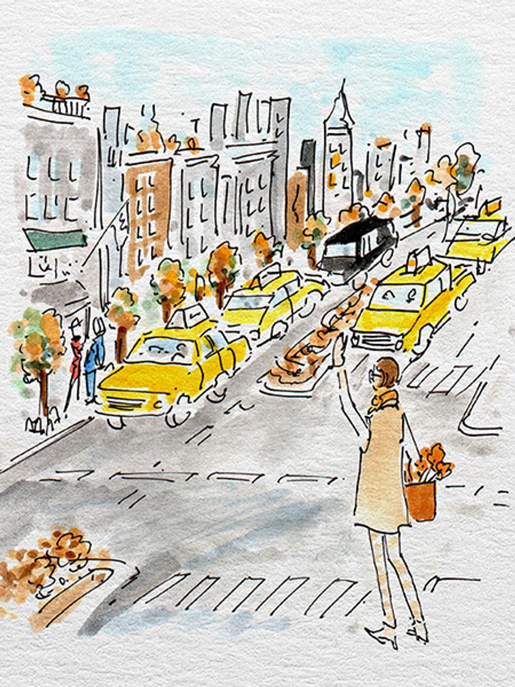 Illustration of a woman on a NYC street trying to hail a cab.