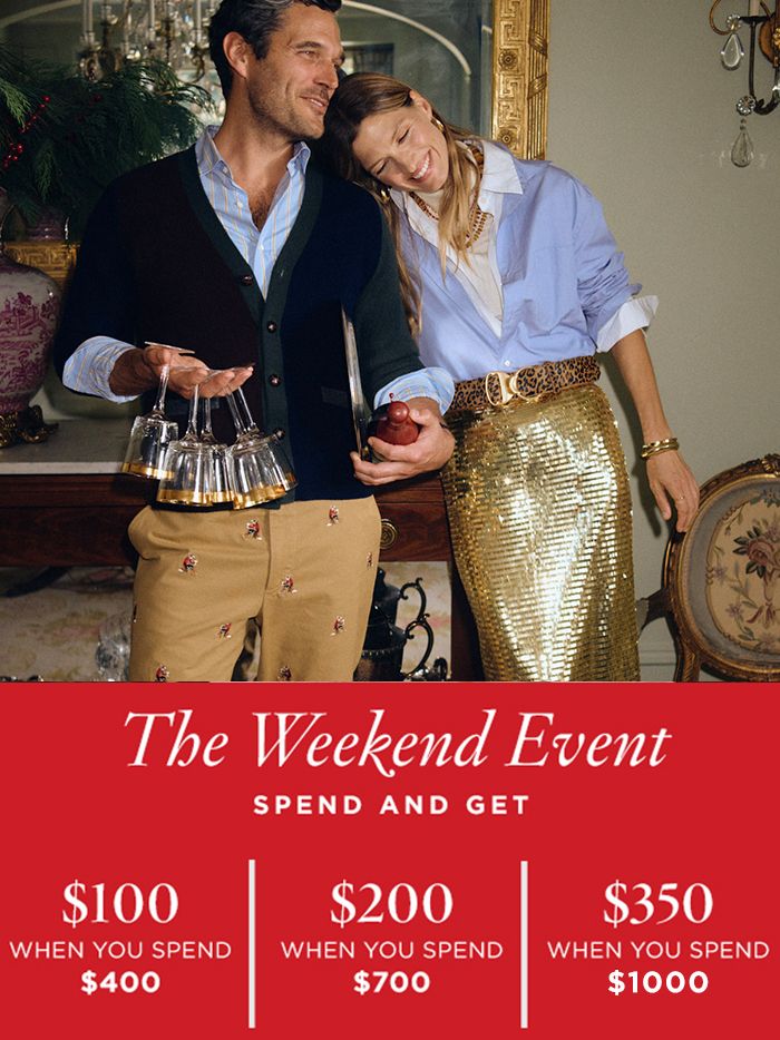 dual gender of man and woman in party outfits with red block, white copy for spend to get messaging underneath