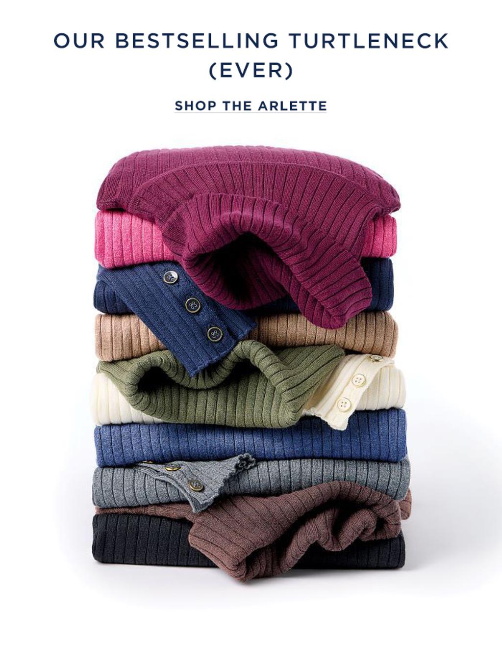 colorful stack of arlette turtlenecks