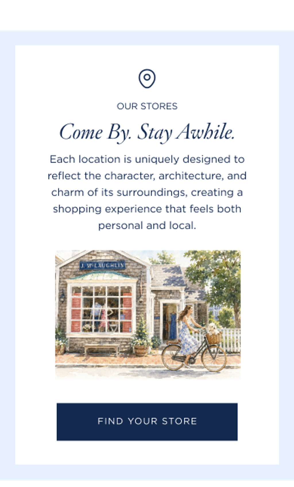 Watercolor illustration of a quaint J.McLaughlin storefront with a woman on a bicycle and a dog in a basket.