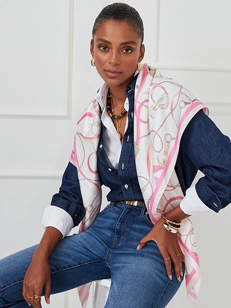 Navy blazer outfit styled with pink ribbon awareness scarf, multiple styling options shown