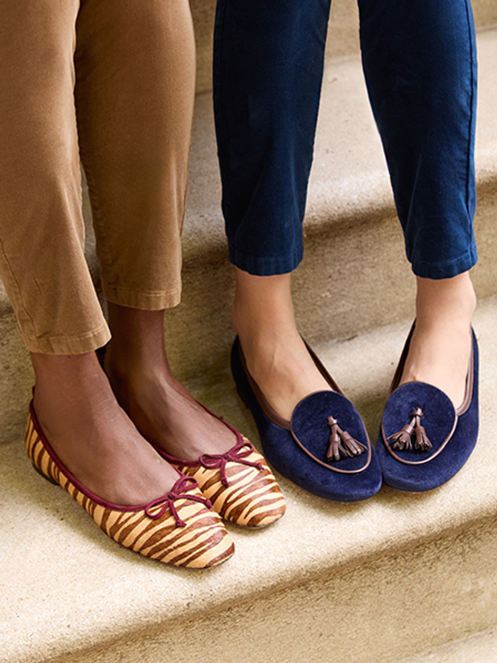 Fall footwear featuring cheetah print ballet flats and velvet loafers.