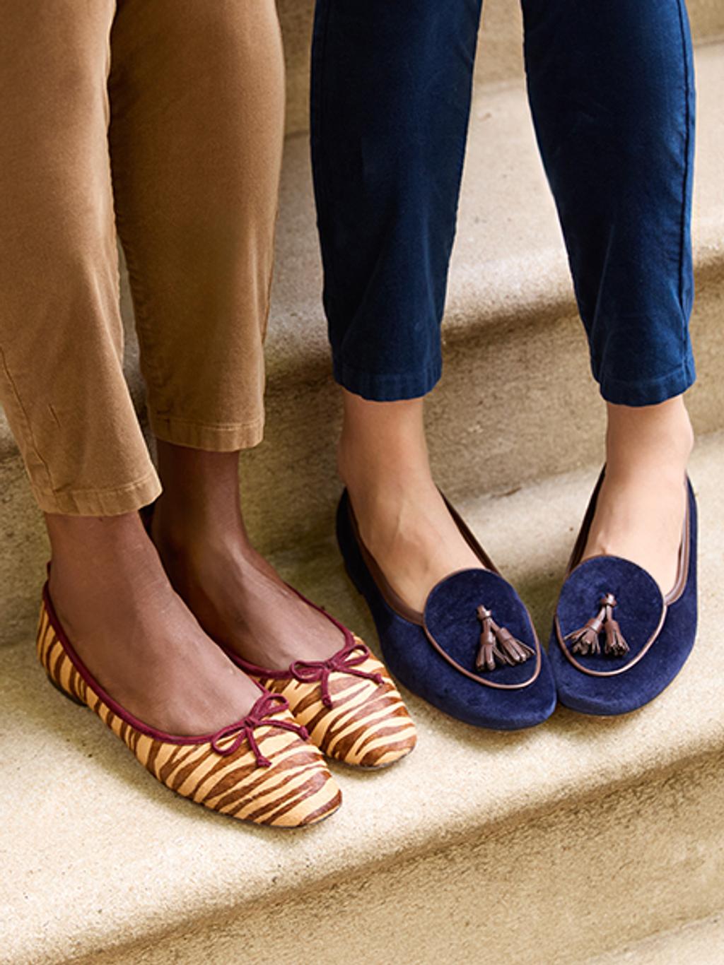 Fall footwear featuring cheetah print ballet flats and velvet loafers.