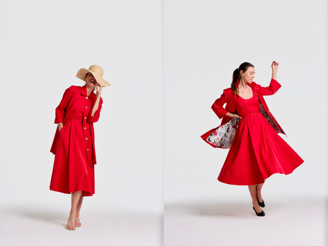 Two photos of a woman in a red outfit, one laughing in a straw hat, the other dancing with a floral-lined blazer.