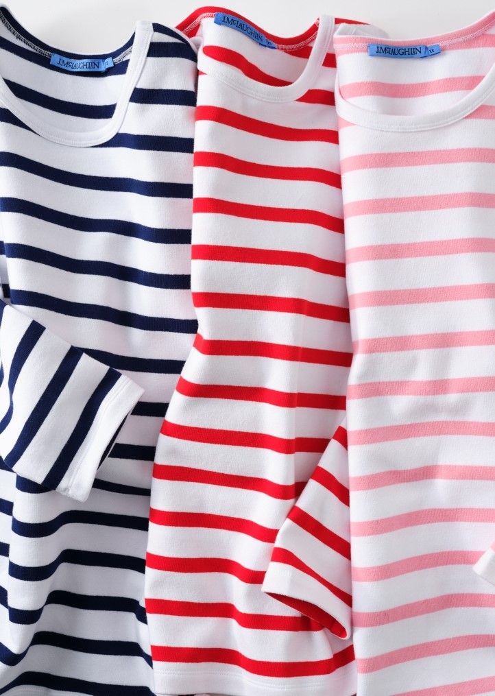 Three long-sleeve striped shirts in navy, red, and pink.