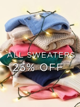 stack of womens sweaters in various colors intertwined with christmas lights and 25% off promotional copy overlayed