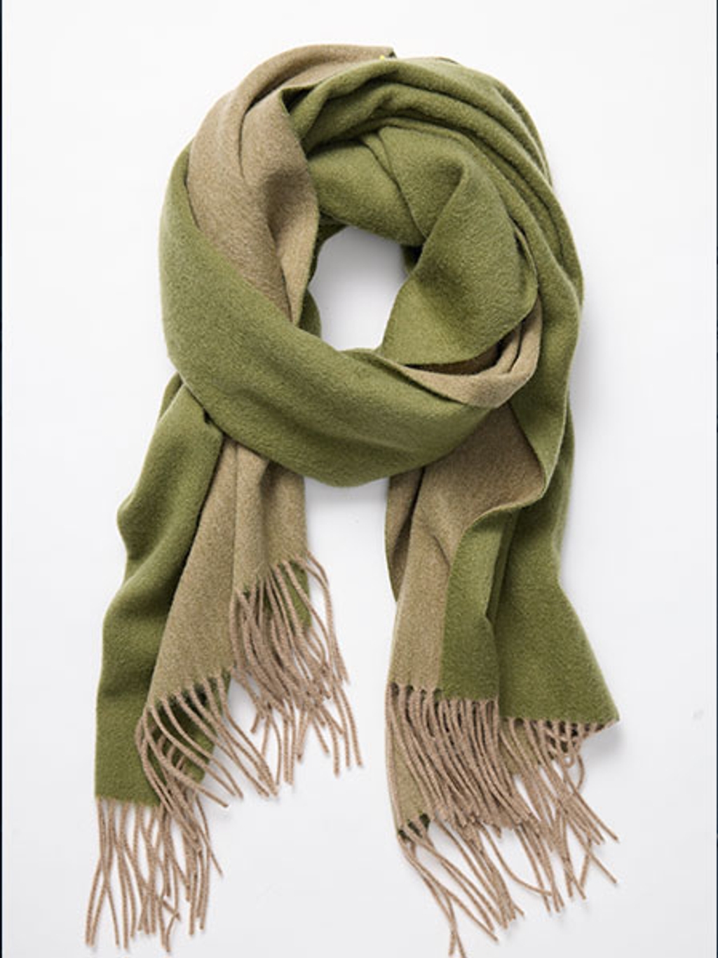 Product laydown of green cashmere scarf Product laydown of green cashmere scarf