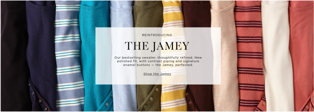 A row of Jamey sweaters in various solid colors and striped patterns, with a text overlay "REINTRODUCING THE JAMEY".