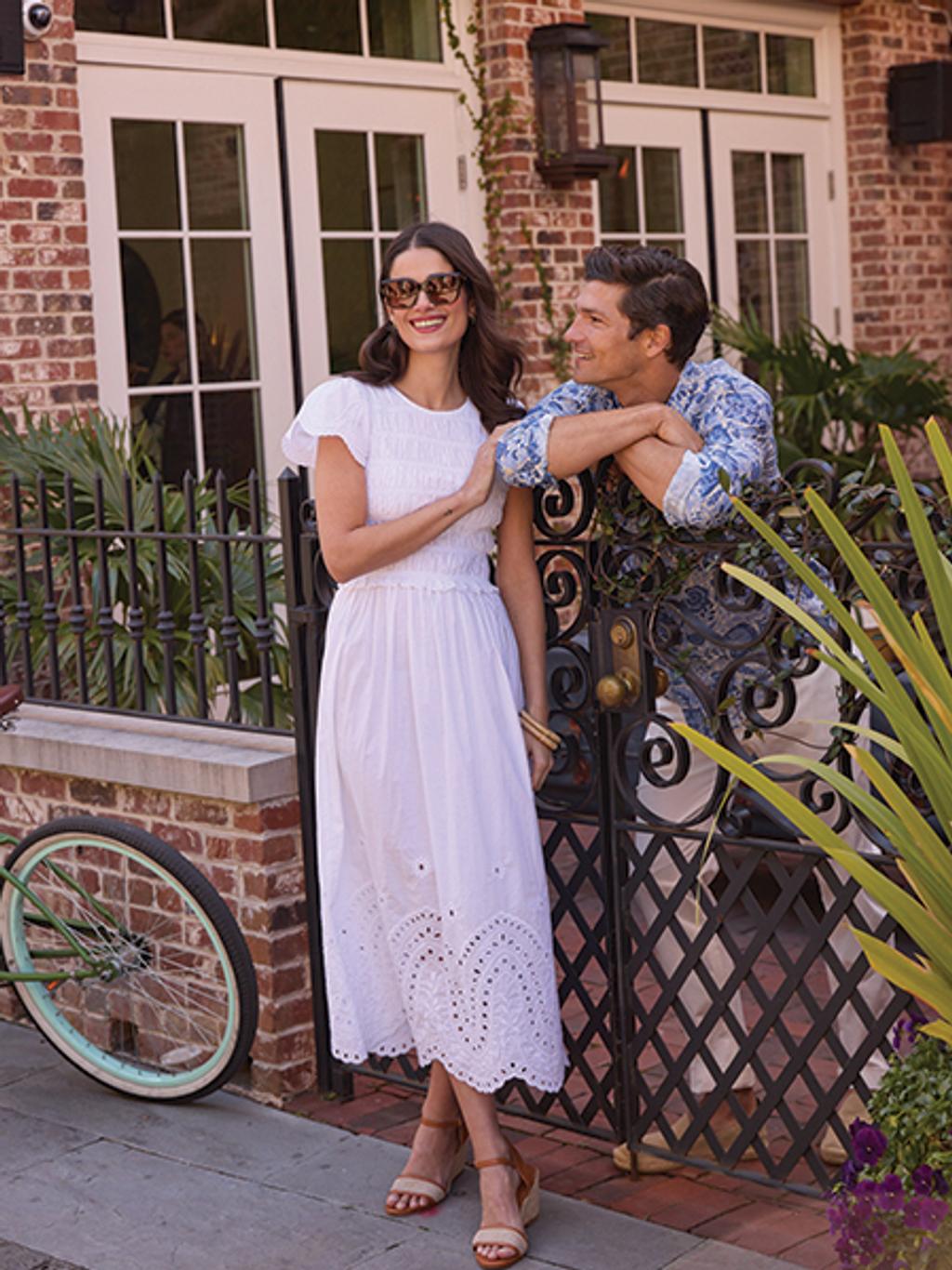 Model in white eyelet dress in Charleston