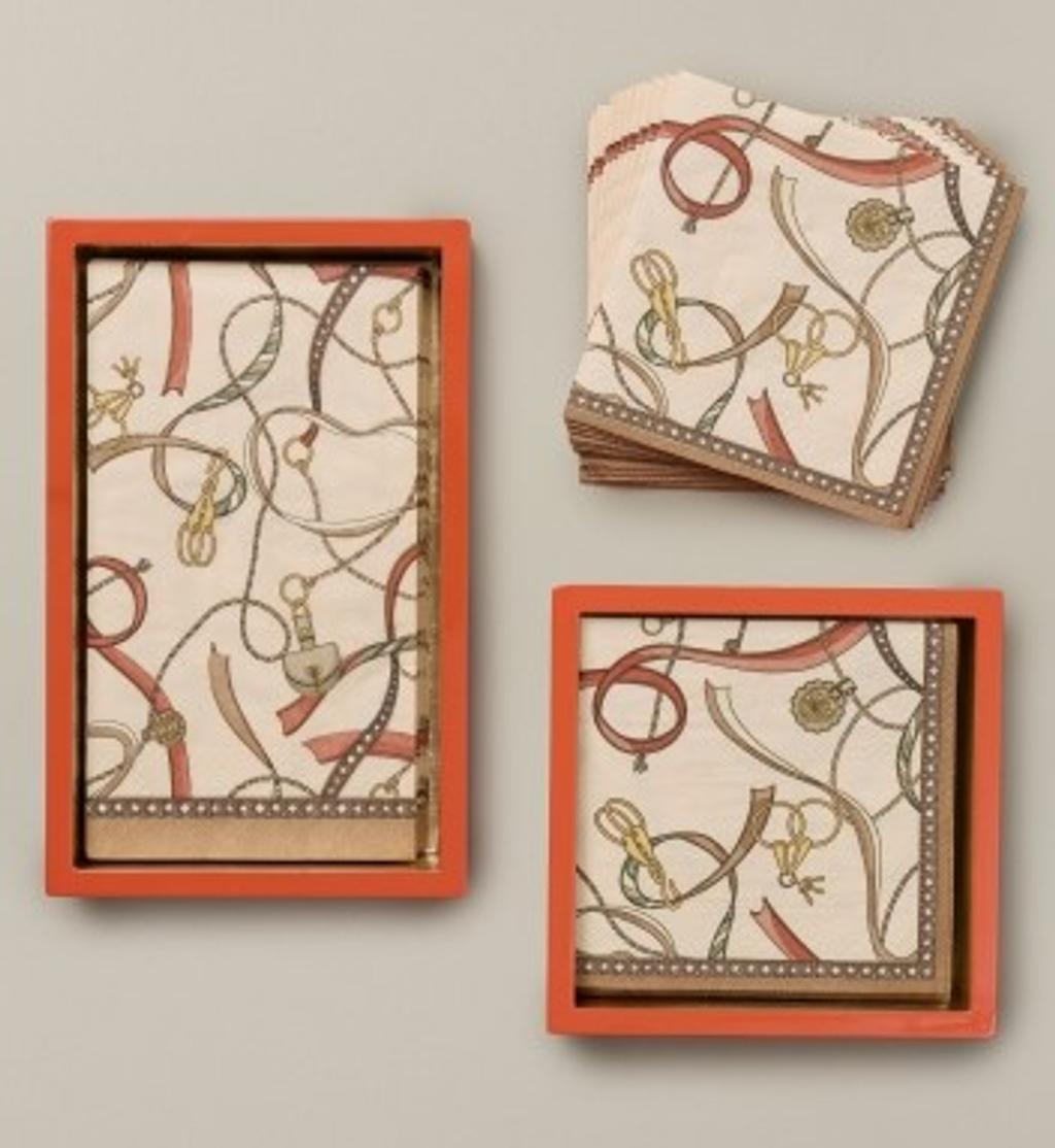 Light beige faux fur collar with a red and cream equestrian-patterned silk scarf.