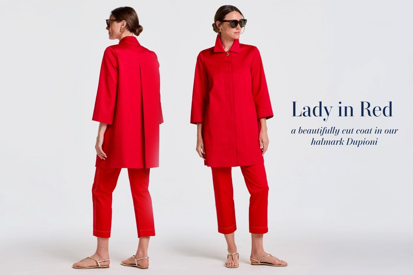 Front and back views of a woman in a red coat and pants. Text: Lady in Red.