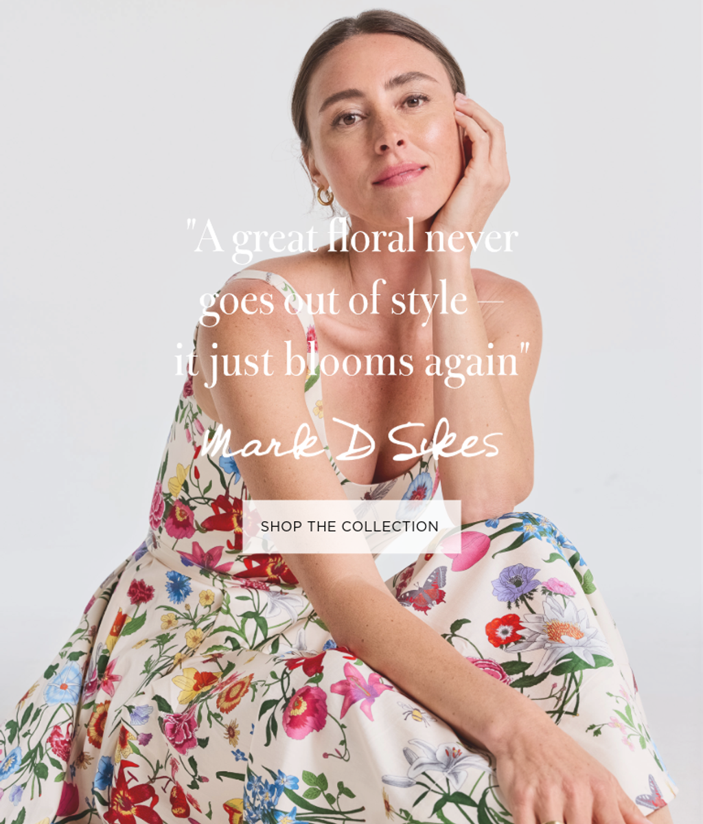 Woman in a vibrant floral dress, with the quote "A great floral never goes out of style — it just blooms again" by Mark D Sikes, and a "SHOP THE COLLECTION" button.