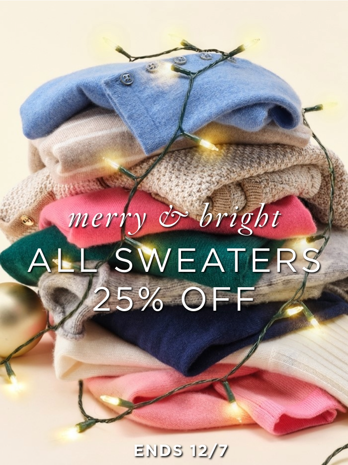 stack of womens sweaters in various colors intertwined with christmas lights and 25% off promotional copy overlayed