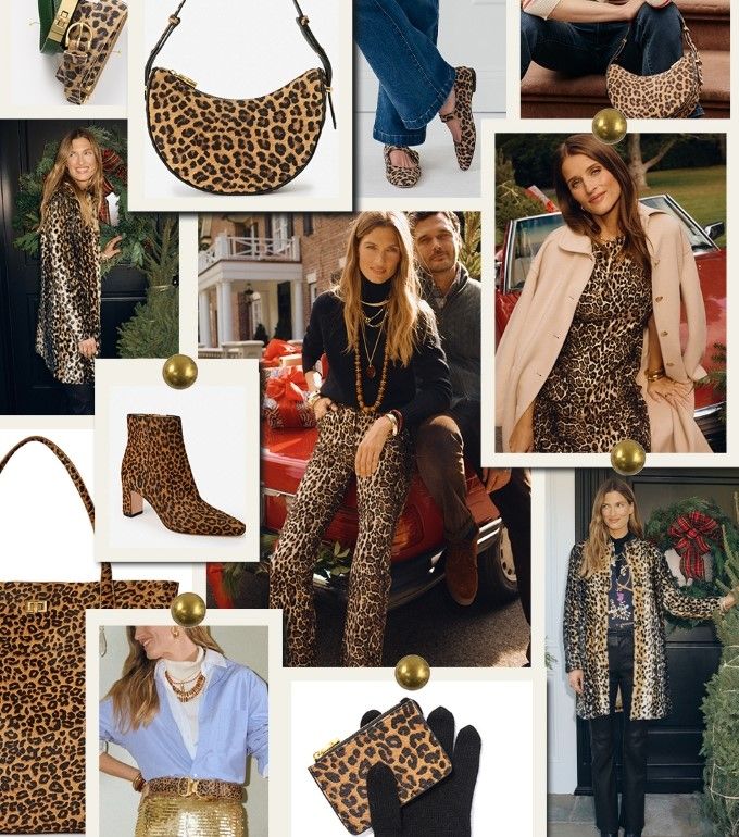 mood board of womens cheetah and leopard pattern apparel and accessories