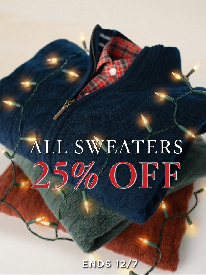 mens cable sweater stack with christmas lights and promotional message