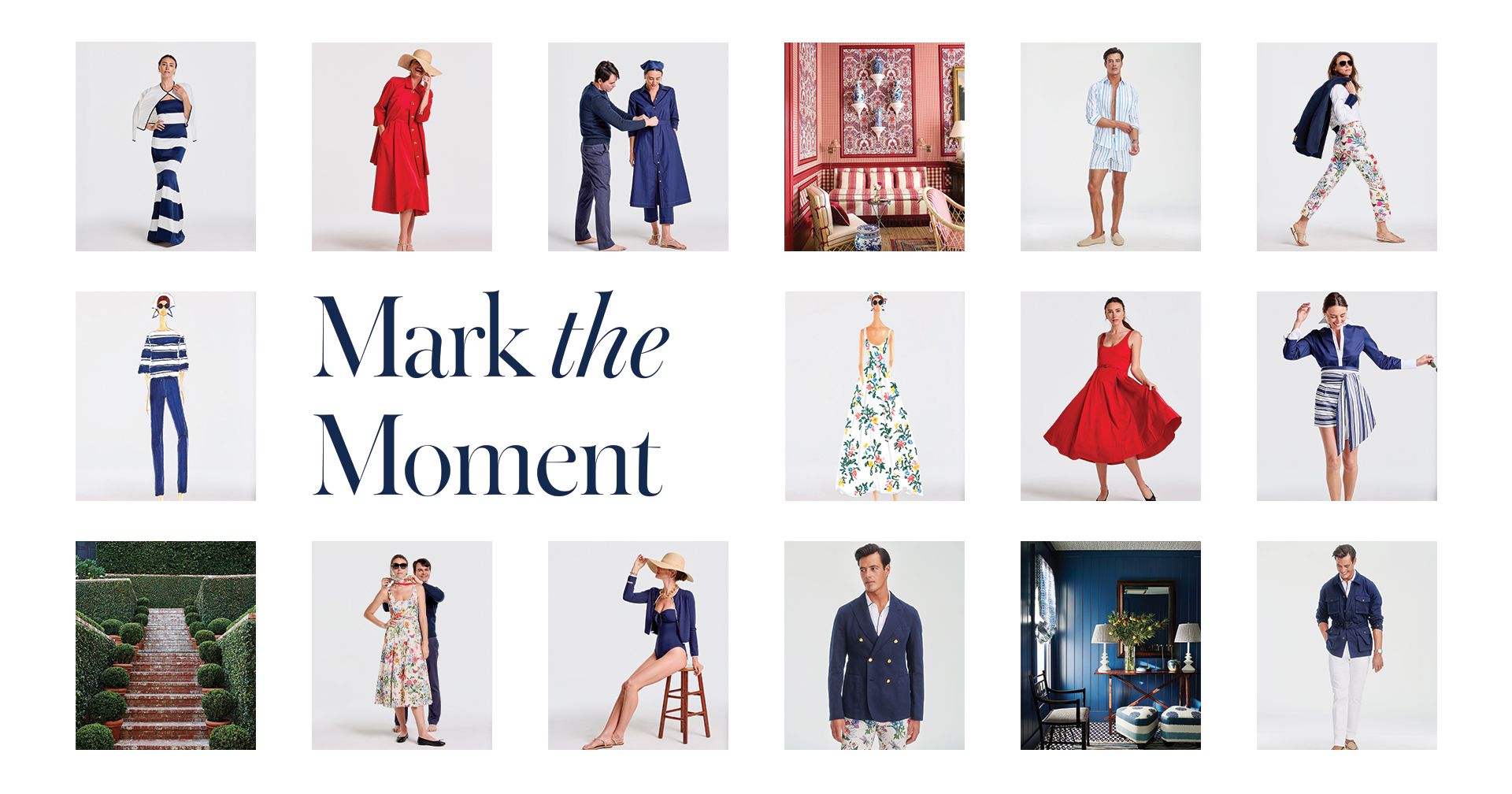 A collage of fashion and lifestyle images surrounding the central text "Mark the Moment".