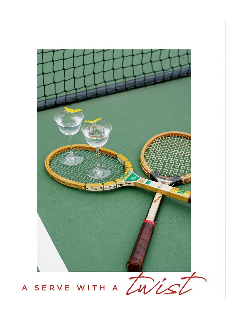 tennis paddles crossed over with 2 martinis. 