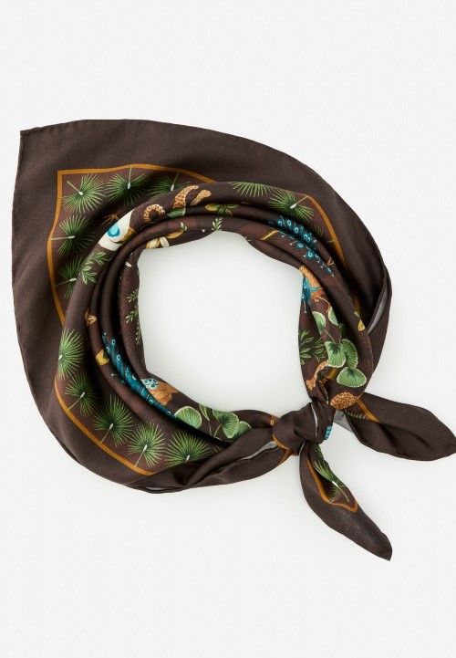 Cropped in image of womens brown printed silk scarf