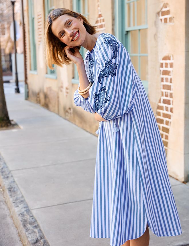 white blue striped puff sleeve dress