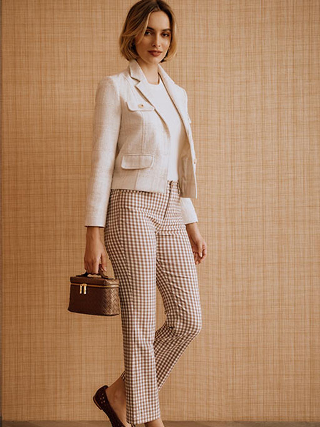 Model in tweed jacket and gingham pants Model in tweed jacket and gingham pants