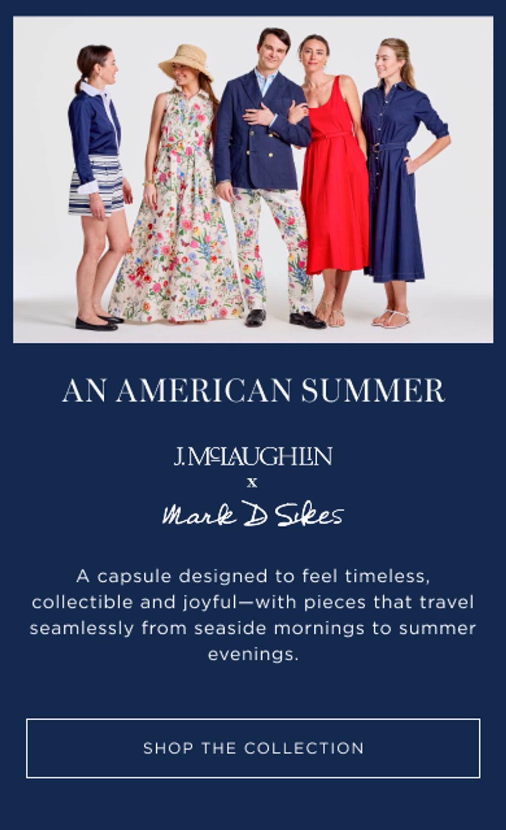 Five people, three women and two men, in colorful, preppy summer outfits including floral prints, stripes, a red dress, and navy pieces.
