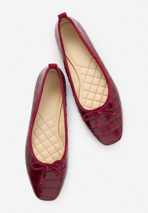 womens embossed leather flats in merlot on white studio background