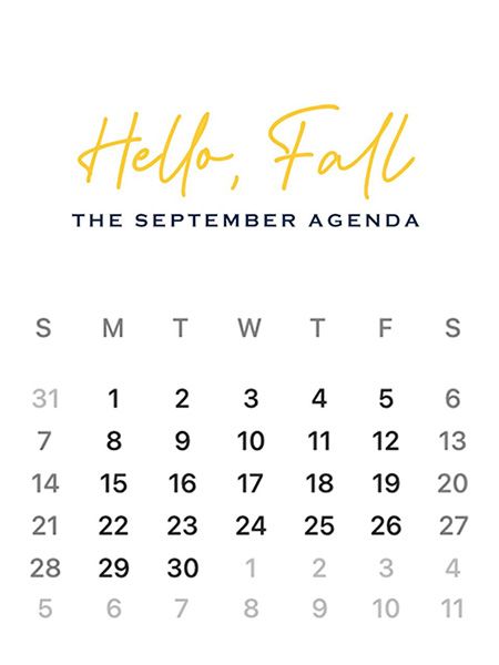 Illustration of the September calendar withe J.McLaughlin Hello, Fall The September Agenda written out.