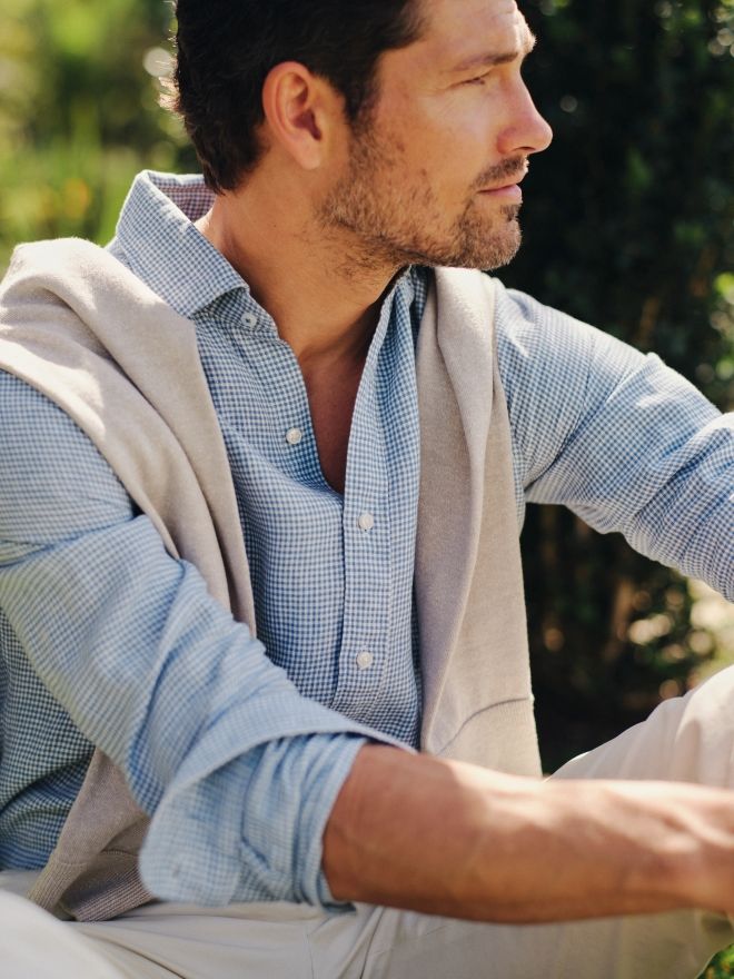 Blue/White Micro Gingham Gramercy Linen Shirt | Men's Shirts | J