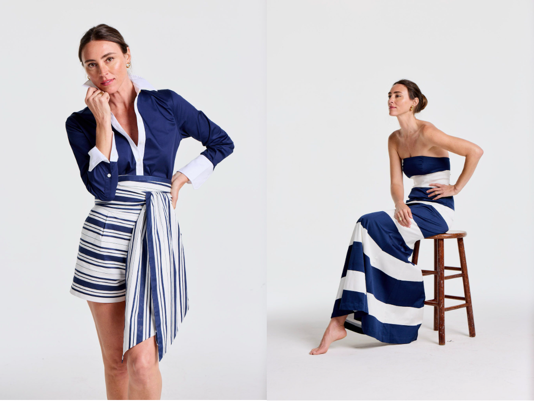 A woman models two blue and white striped outfits: a navy shirt with striped shorts on the left, and a strapless maxi dress on the right.