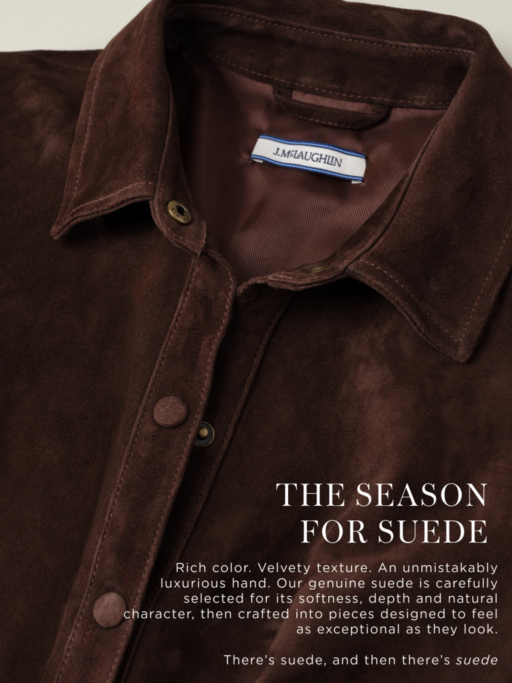 Dark brown suede shirt with the J.McLaughlin brand label visible.