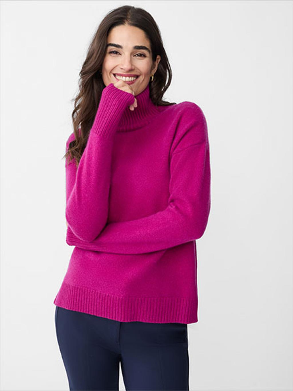 Model wearing violet cashmere turtleneck
