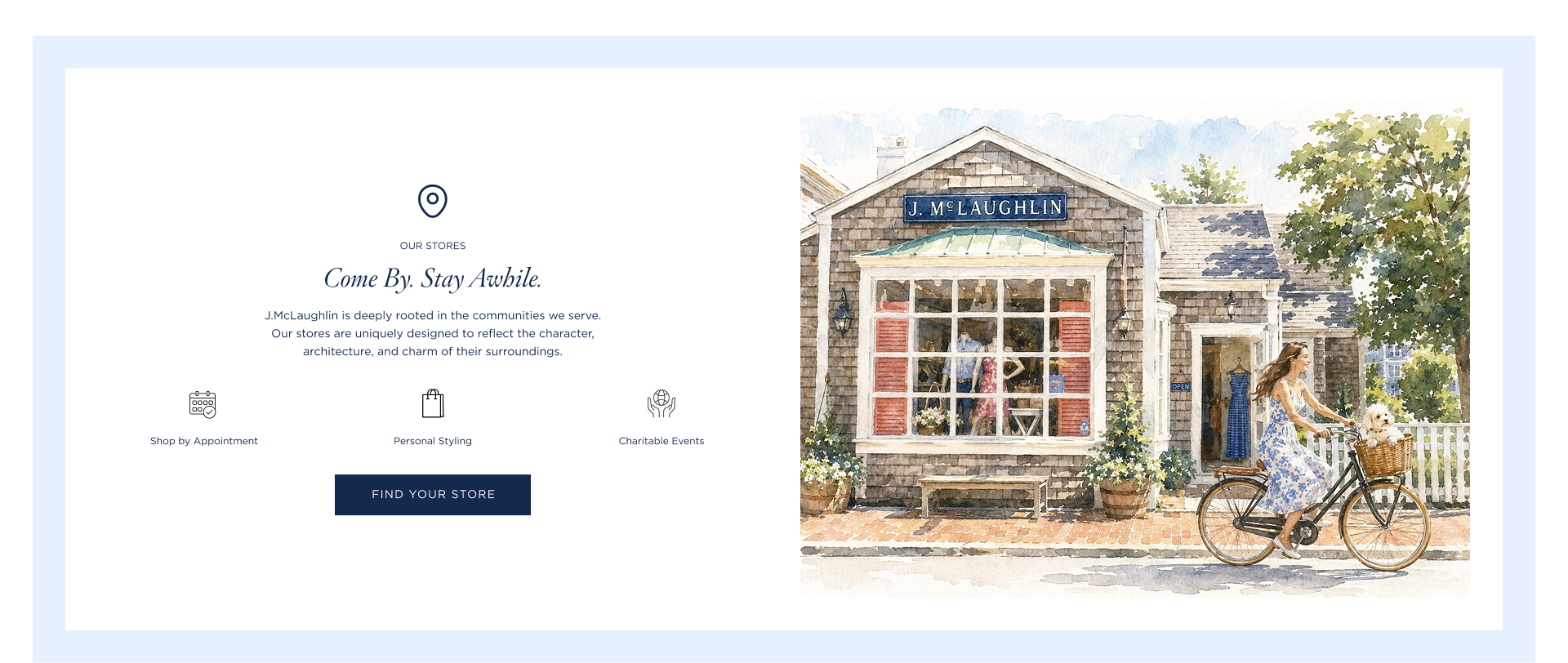 J. McLaughlin webpage with store locator details and a watercolor illustration of a charming storefront with a woman on a bicycle.