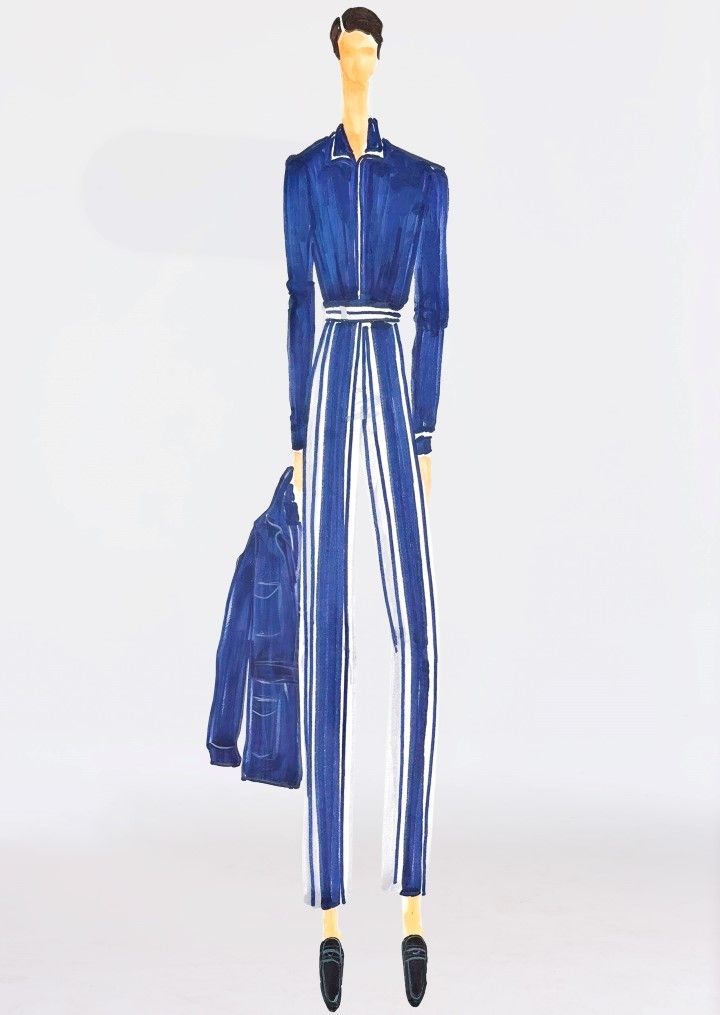 Fashion illustration of a figure in a blue and white striped jumpsuit, holding a matching jacket.