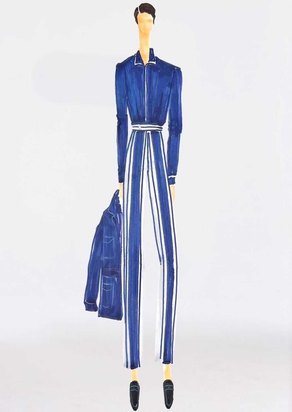 Fashion illustration of a figure in a blue and white striped jumpsuit, holding a matching jacket.