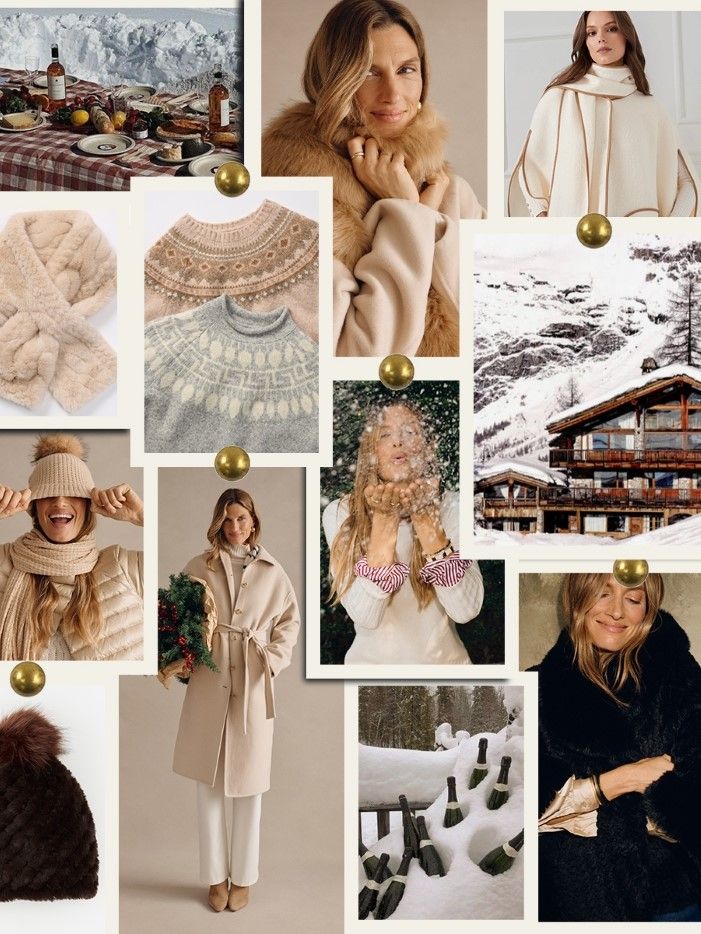 mood board of womens apres ski type imagery and products