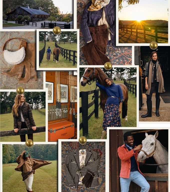 mood board of womens and mens equestrian location imagery and clothing aesthetic