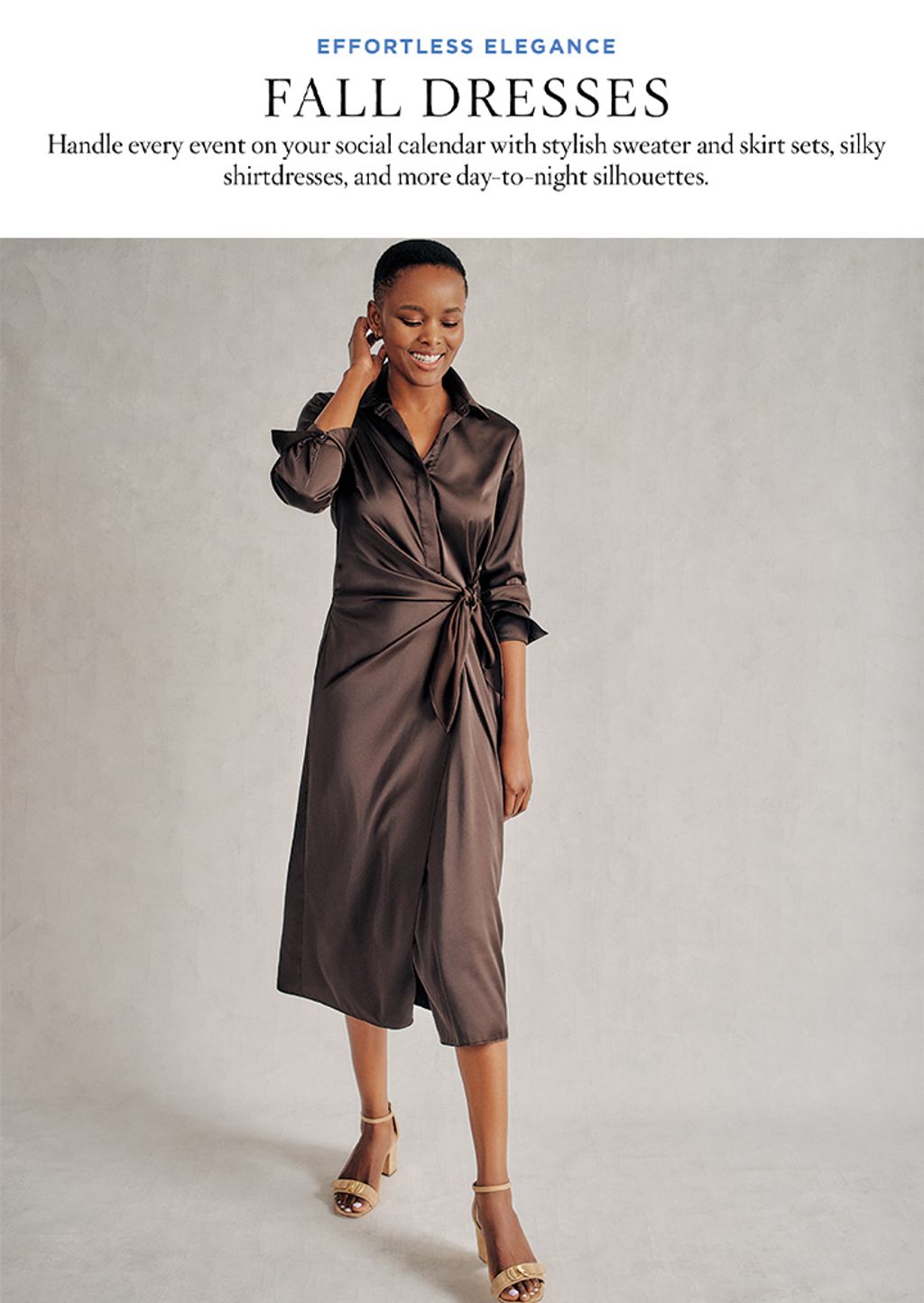 Woman wearing dark brown satin shirtdress.