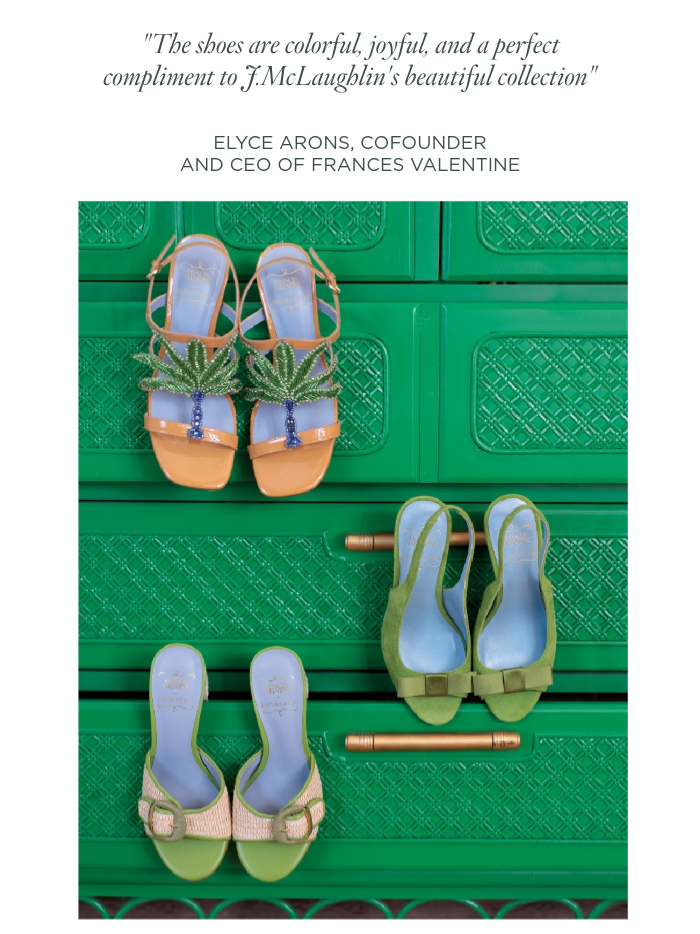 womens group of green accent shoes with hanging from green lacquer dresser