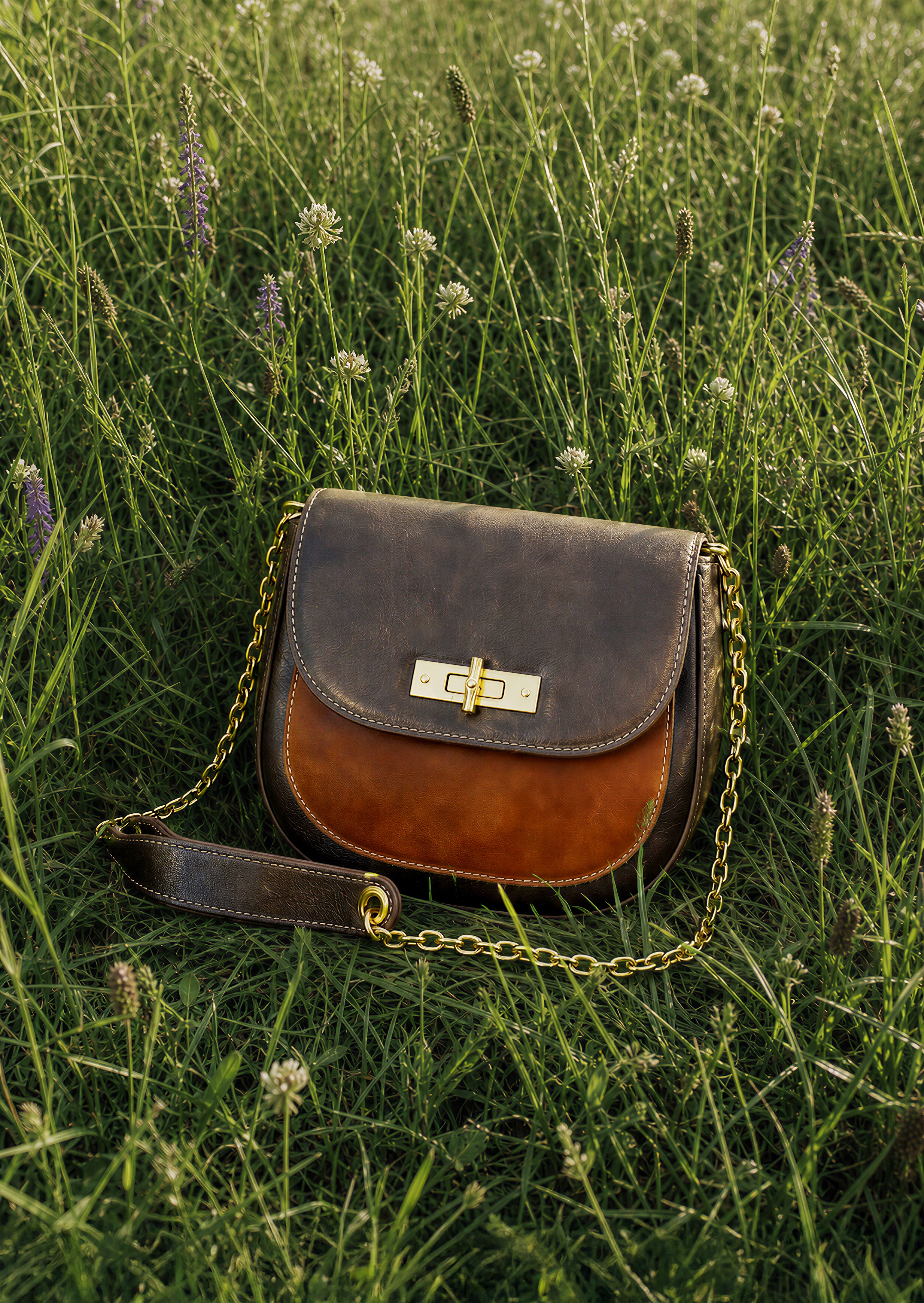 A two-tone brown leather shoulder bag with a gold chain strap and clasp rests on green grass among wildflowers.