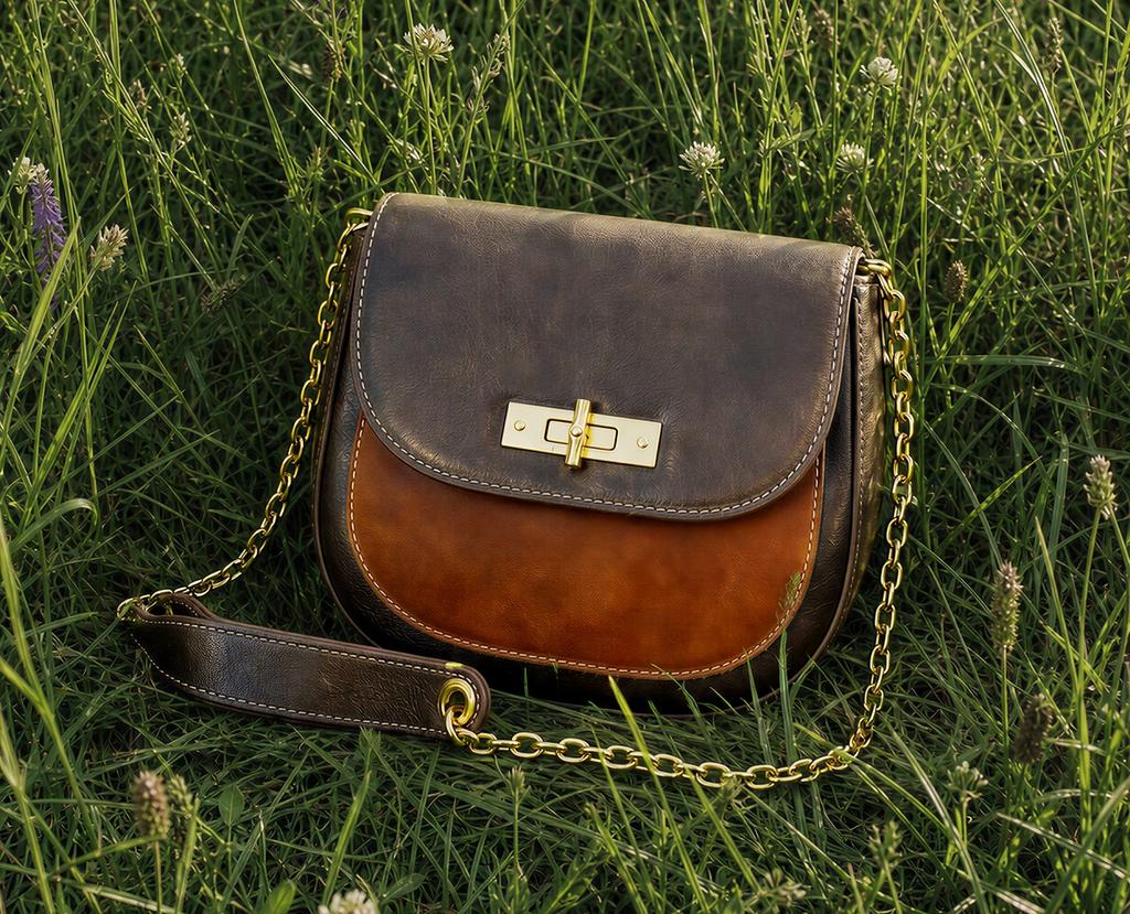 A two-tone brown leather shoulder bag with a gold chain strap and clasp rests on green grass among wildflowers.