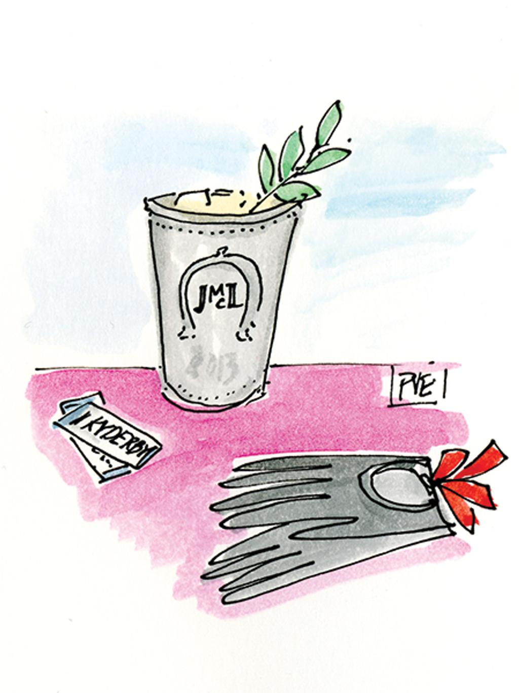 Illustration of four women cheersing with mint juleps